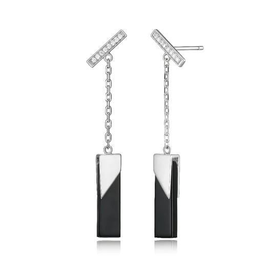 Black Agate Sterling Silver Bar Drop Earrings