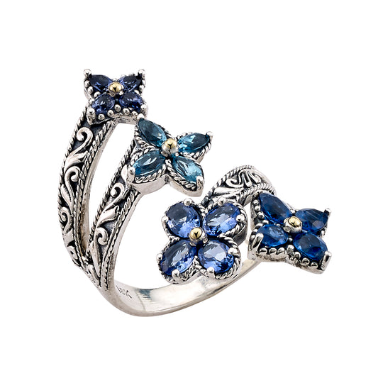 Blue Gemstone Flower Bypass Ring