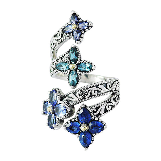 Blue Gemstone Flower Bypass Ring