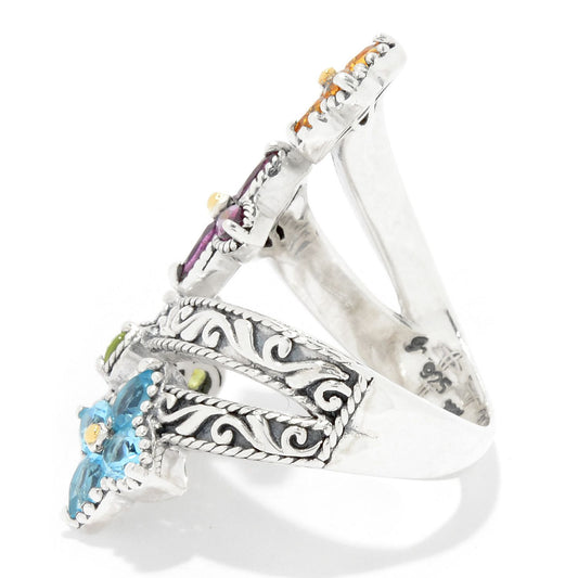 Multi Gemstone Flower Bypass Ring