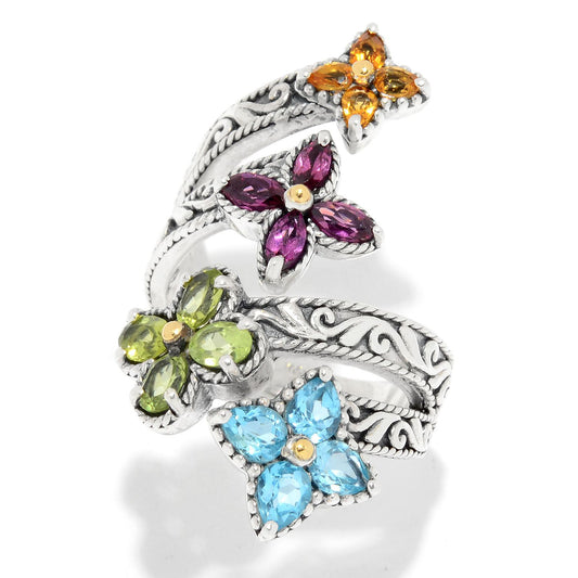 Multi Gemstone Flower Bypass Ring