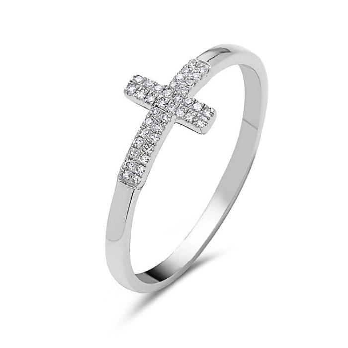 14 Karat White Gold Diamond Cross Ring